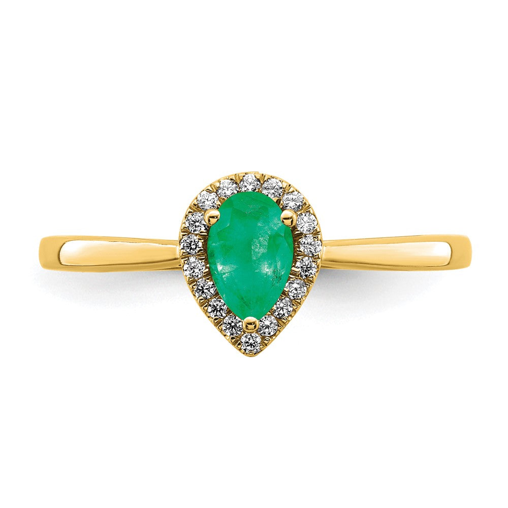 14K Gelbgold Ring mit birnenförmigem Smaragd und echtem Diamant-Halo