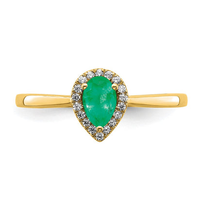 14K Gelbgold Ring mit birnenförmigem Smaragd und echtem Diamant-Halo