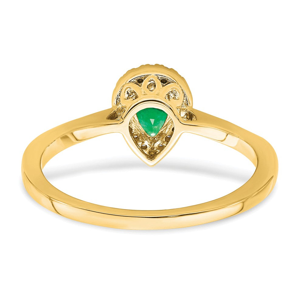 14K Gelbgold Ring mit birnenförmigem Smaragd und echtem Diamant-Halo