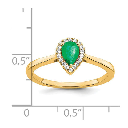 14K Gelbgold Ring mit birnenförmigem Smaragd und echtem Diamant-Halo