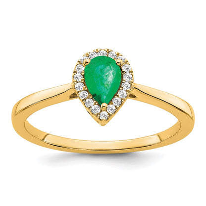 14K Gelbgold Ring mit birnenförmigem Smaragd und echtem Diamant-Halo