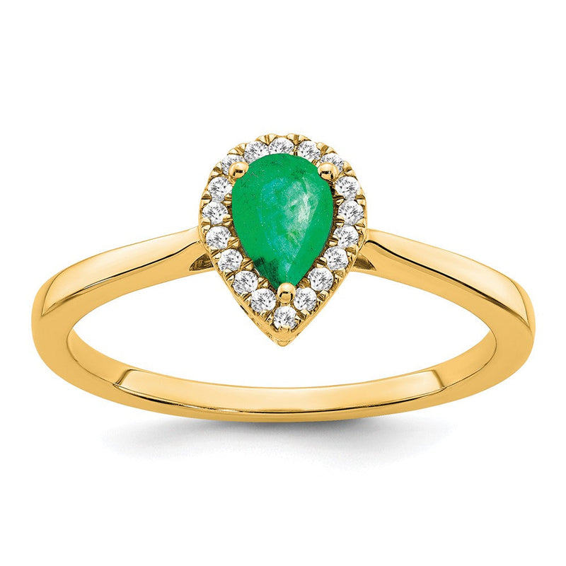 14K Gelbgold Ring mit birnenförmigem Smaragd und echtem Diamant-Halo