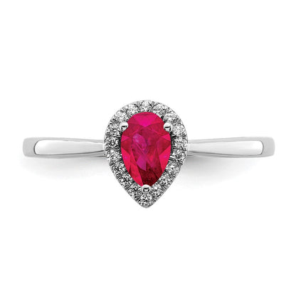 14K Weißgold Ring mit birnenförmigem Rubin, Diamant-Halo und echten Diamanten