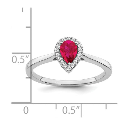 14K Weißgold Ring mit birnenförmigem Rubin, Diamant-Halo und echten Diamanten