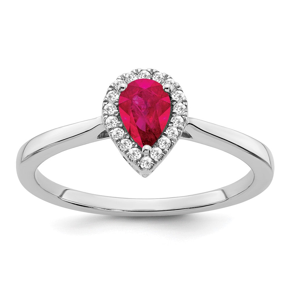 14K Weißgold Ring mit birnenförmigem Rubin, Diamant-Halo und echten Diamanten