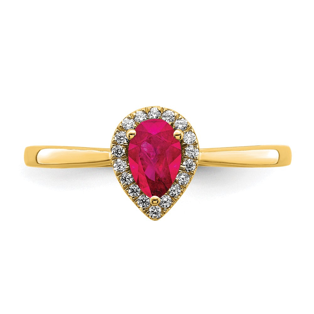 14K Gelbgold Ring mit Birnenschliff-Rubin und echten Diamanten im Halo-Design