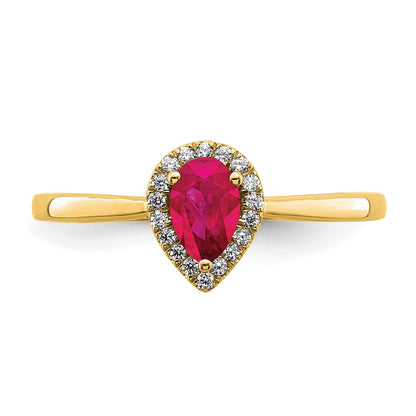 14K Gelbgold Ring mit Birnenschliff-Rubin und echten Diamanten im Halo-Design