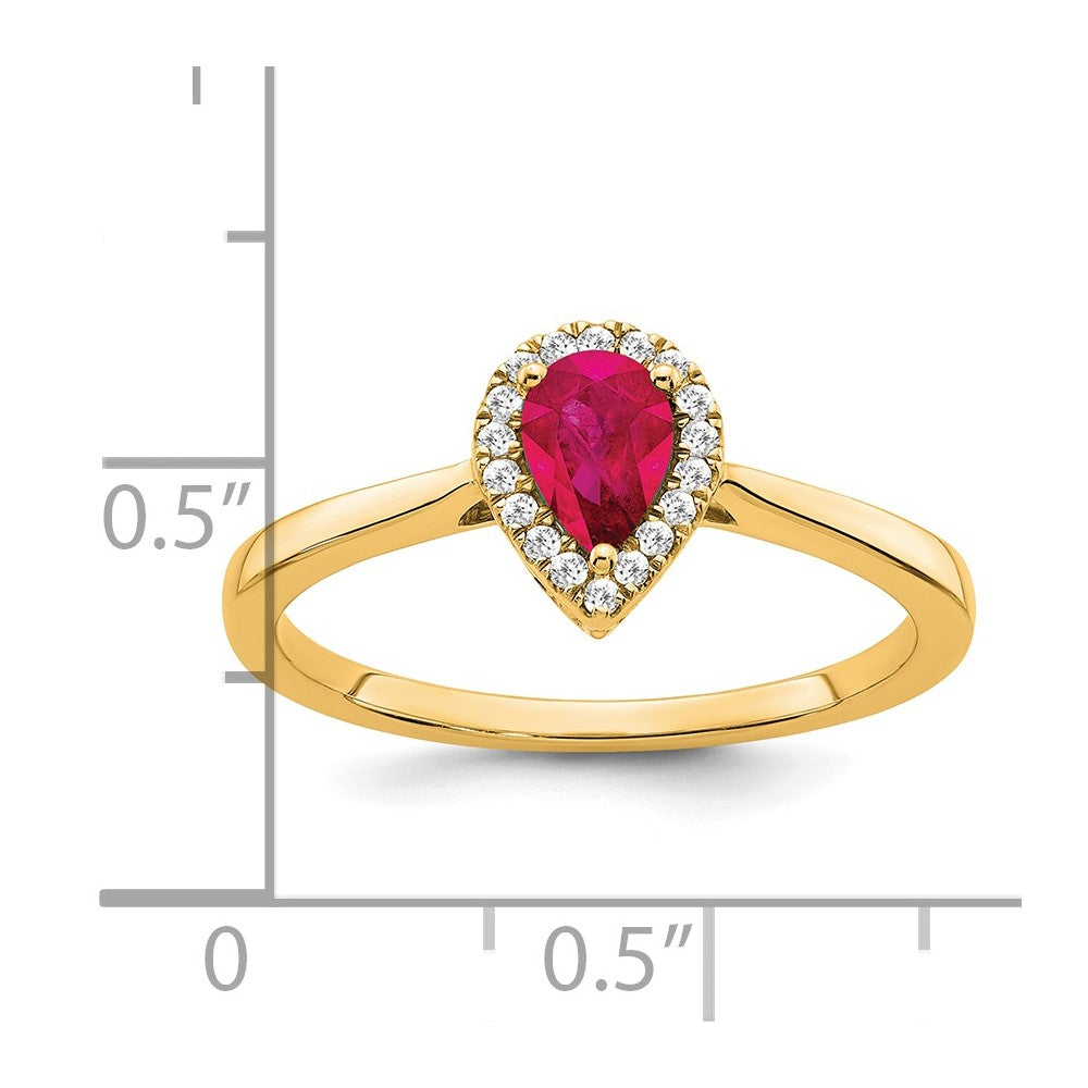 14K Gelbgold Ring mit Birnenschliff-Rubin und echten Diamanten im Halo-Design