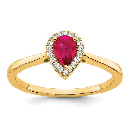 14K Gelbgold Ring mit Birnenschliff-Rubin und echten Diamanten im Halo-Design