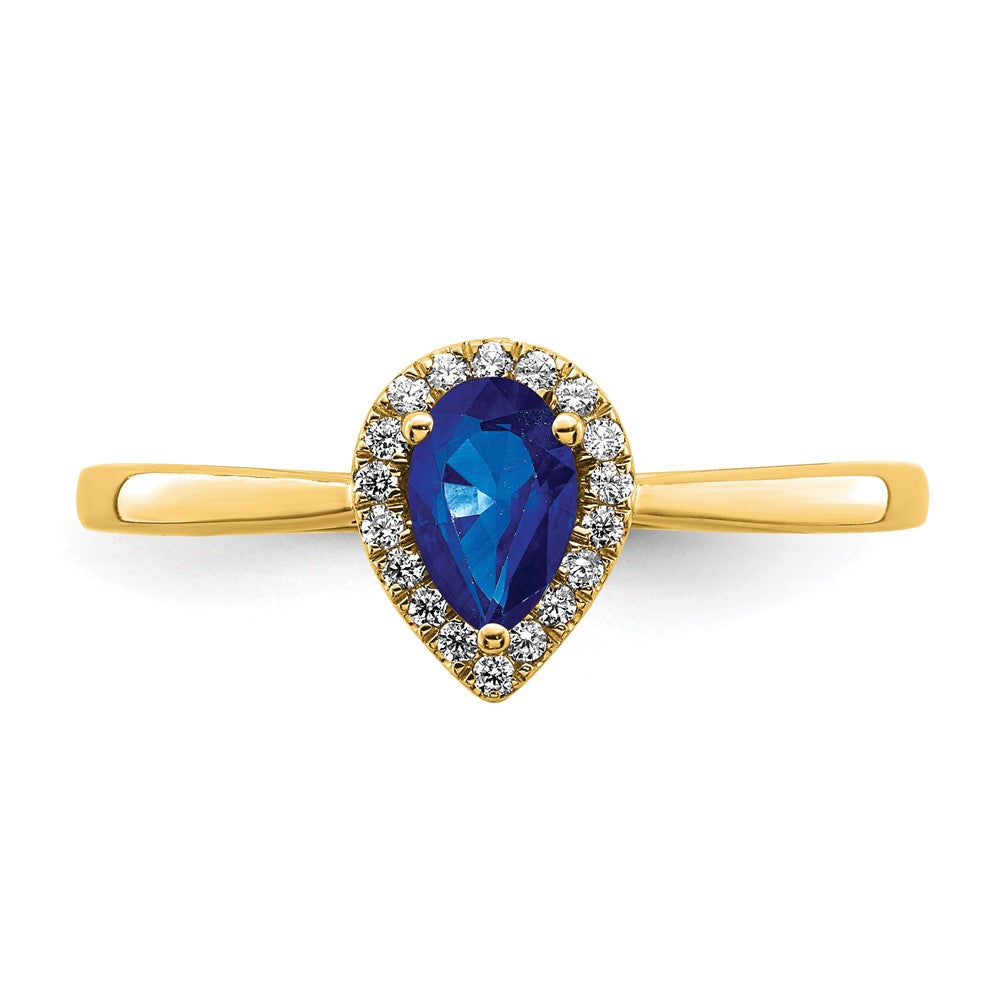 14K Gelbgold Ring mit Saphir im Birnenschliff und Diamant-Halo