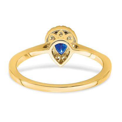 14K Gelbgold Ring mit Saphir im Birnenschliff und Diamant-Halo