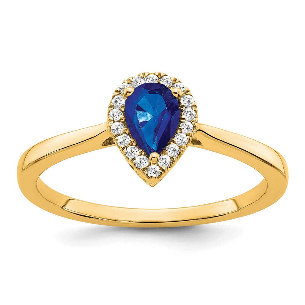 14K Gelbgold Ring mit Saphir im Birnenschliff und Diamant-Halo