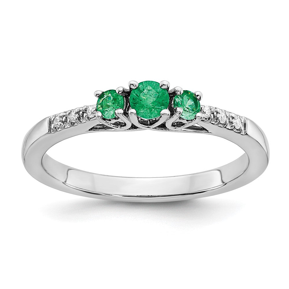14K Weißgold Ring mit Smaragd und echten Diamanten im 3-Stein-Design
