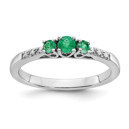 14K Weißgold Ring mit Smaragd und echten Diamanten im 3-Stein-Design