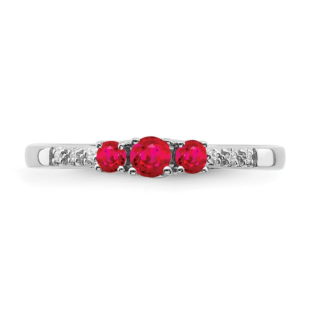 14K Weißgold Ring mit Rubin und echtem Diamant, dreisteinig