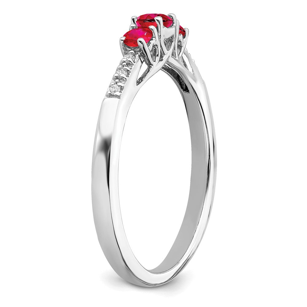 14K Weißgold Ring mit Rubin und echtem Diamant, dreisteinig