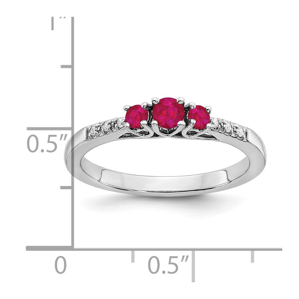 14K Weißgold Ring mit Rubin und echtem Diamant, dreisteinig