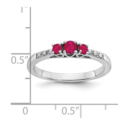 14K Weißgold Ring mit Rubin und echtem Diamant, dreisteinig