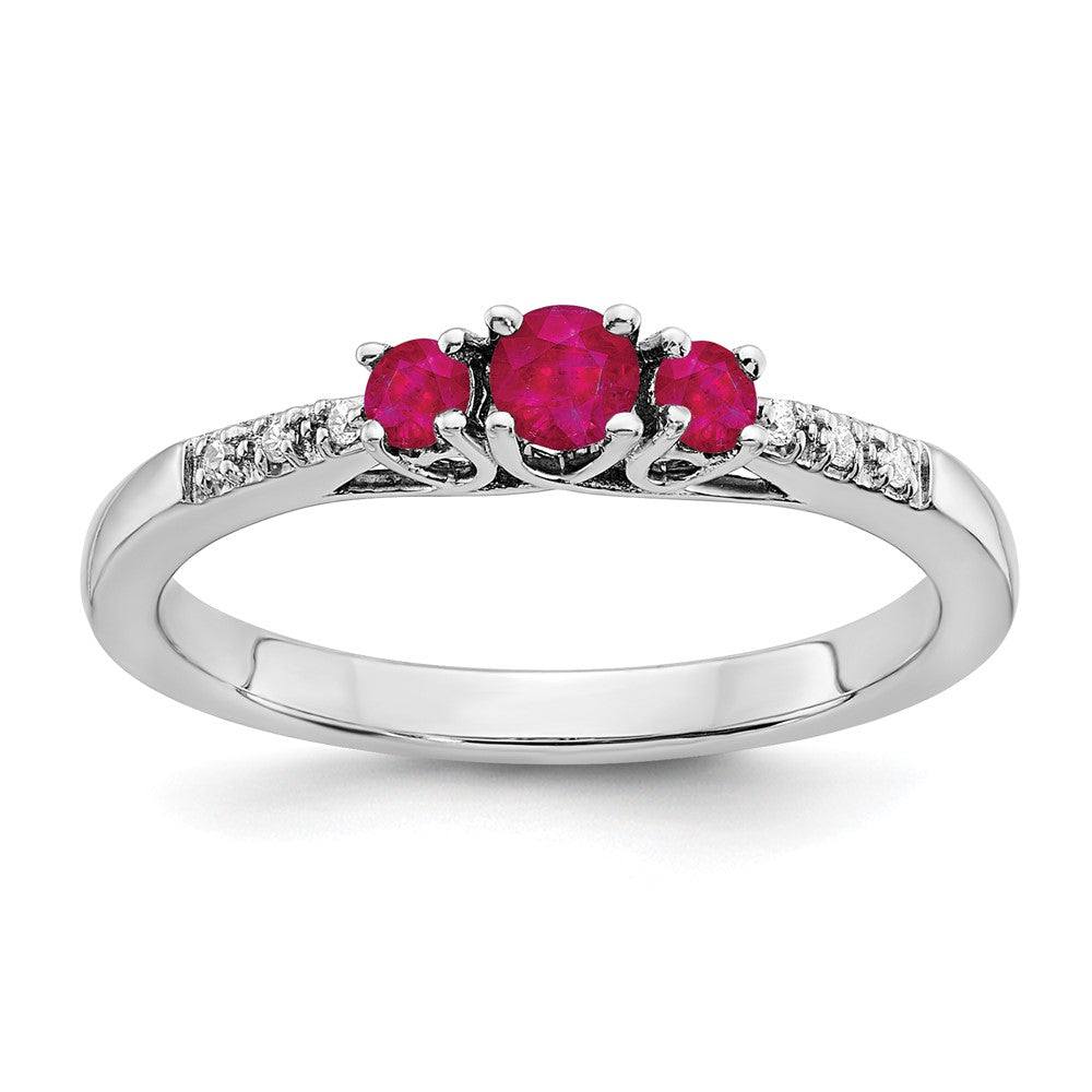 14K Weißgold Ring mit Rubin und echtem Diamant, dreisteinig