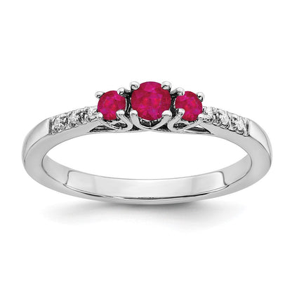 14K Weißgold Ring mit Rubin und echtem Diamant, dreisteinig
