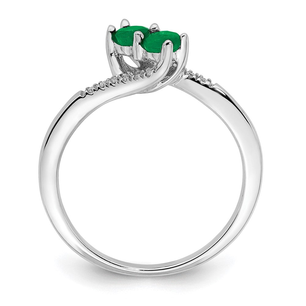 14K Weißgold Ring mit Smaragd und echtem Diamant, zweisteinig, Bypass-Design