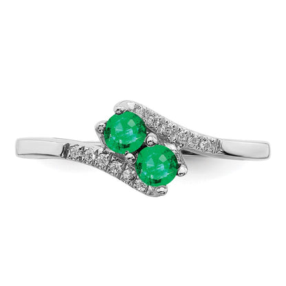 14K Weißgold Ring mit Smaragd und echtem Diamant, zweisteinig, Bypass-Design
