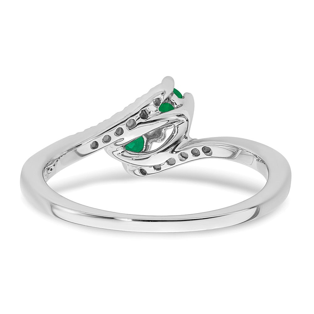 14K Weißgold Ring mit Smaragd und echtem Diamant, zweisteinig, Bypass-Design