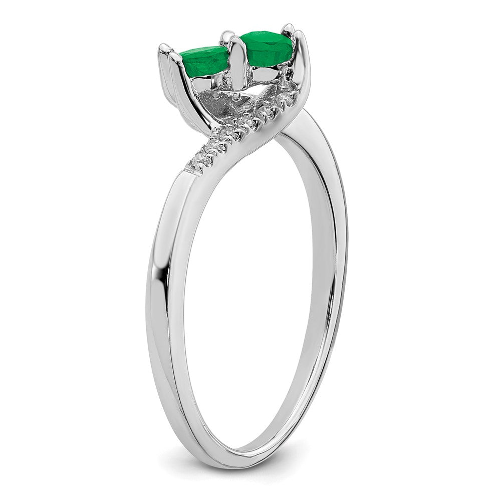 14K Weißgold Ring mit Smaragd und echtem Diamant, zweisteinig, Bypass-Design