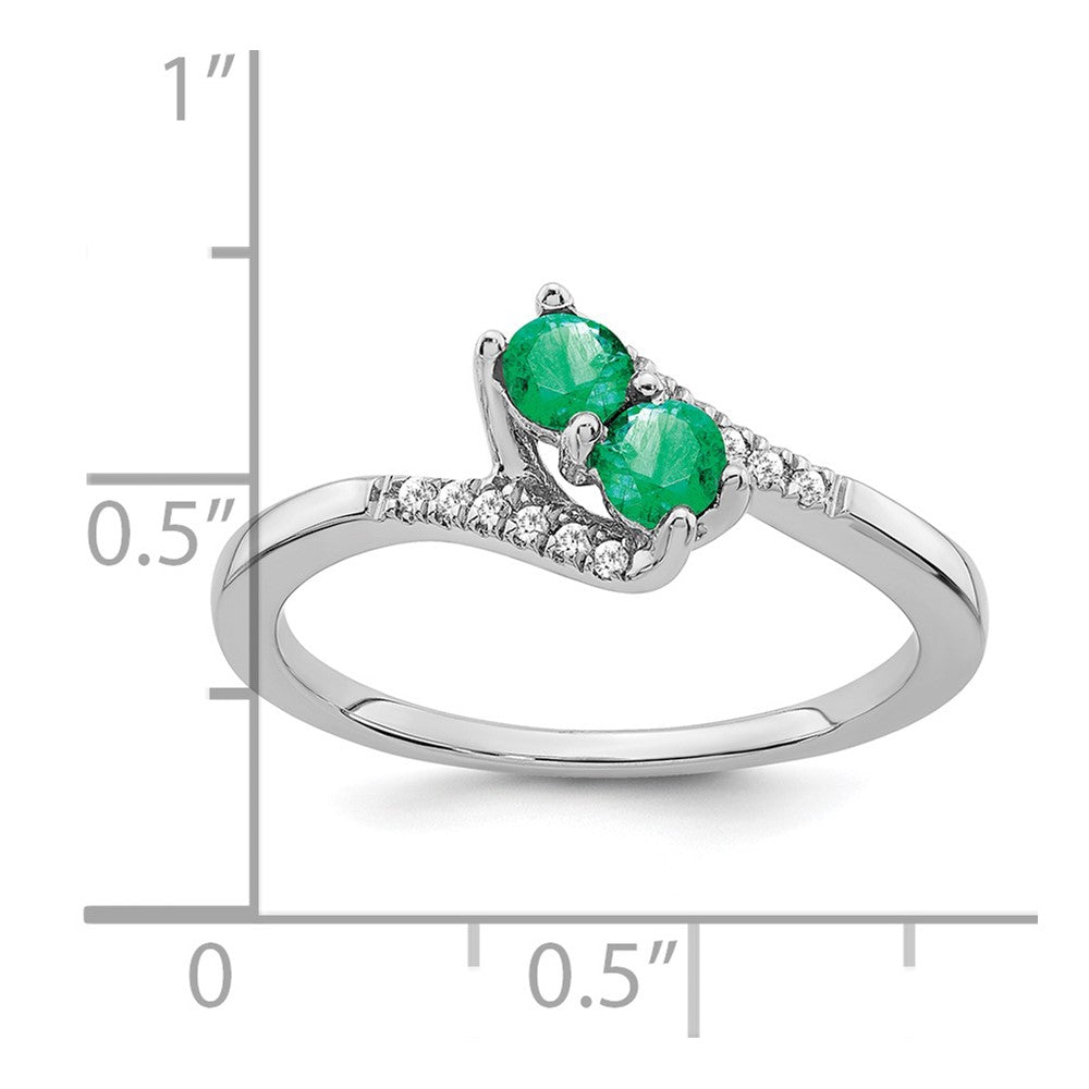14K Weißgold Ring mit Smaragd und echtem Diamant, zweisteinig, Bypass-Design