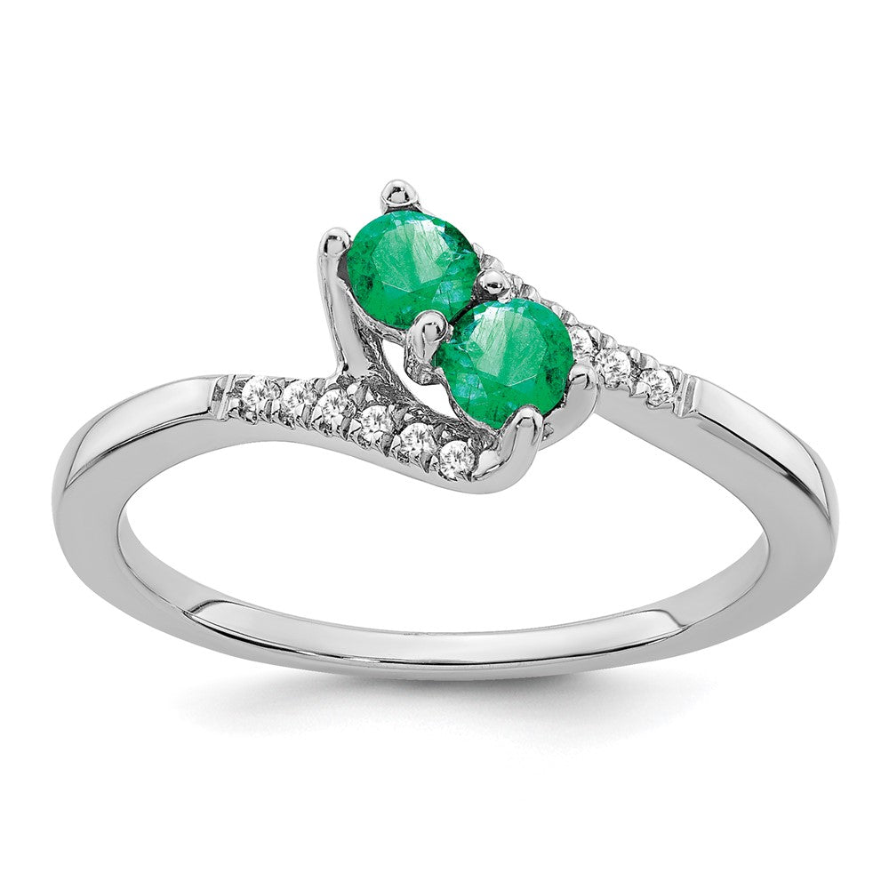 14K Weißgold Ring mit Smaragd und echtem Diamant, zweisteinig, Bypass-Design