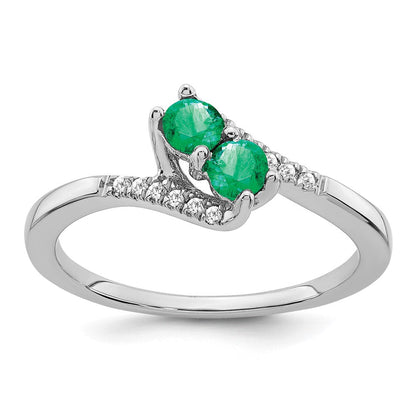 14K Weißgold Ring mit Smaragd und echtem Diamant, zweisteinig, Bypass-Design