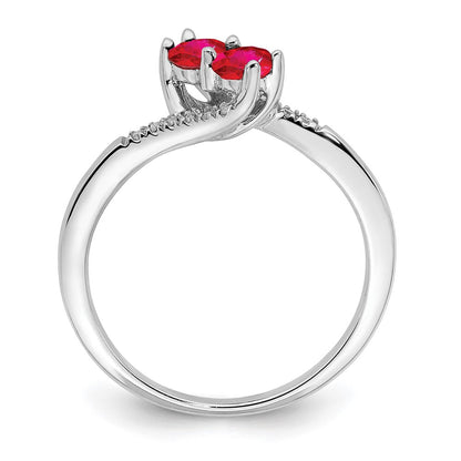 14K Weißgold Ring mit Rubin und echtem Diamant im Bypass-Design, 2 Steine