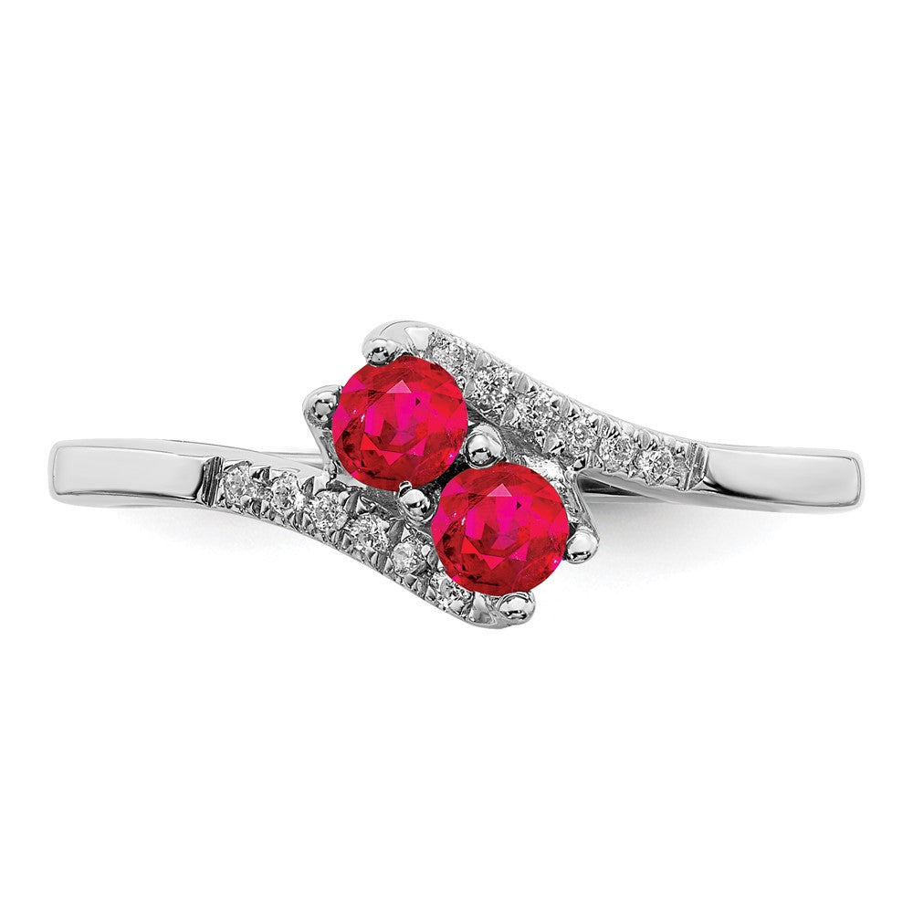 14K Weißgold Ring mit Rubin und echtem Diamant im Bypass-Design, 2 Steine