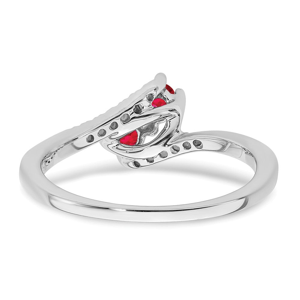 14K Weißgold Ring mit Rubin und echtem Diamant im Bypass-Design, 2 Steine