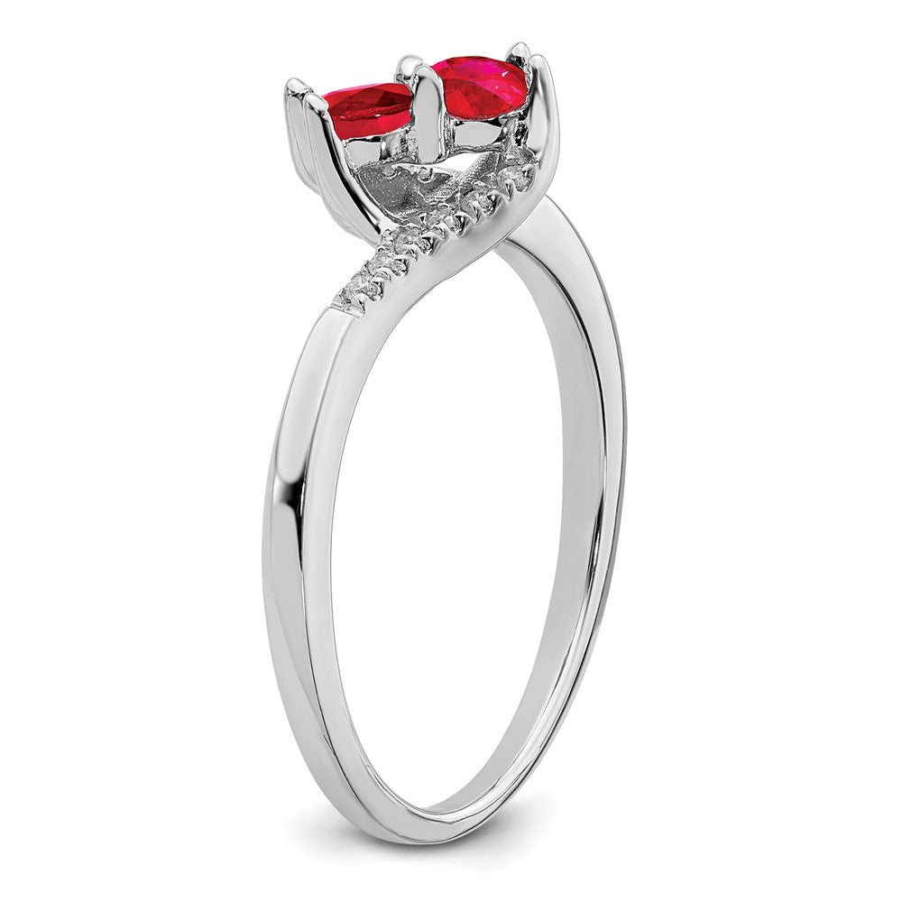 14K Weißgold Ring mit Rubin und echtem Diamant im Bypass-Design, 2 Steine