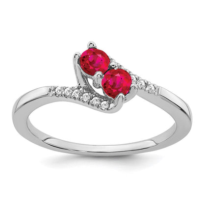 14K Weißgold Ring mit Rubin und echtem Diamant im Bypass-Design, 2 Steine
