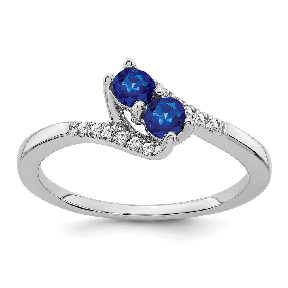 14K Weißgold Ring mit Saphir und echtem Diamant, 2 Steine, Bypass-Design