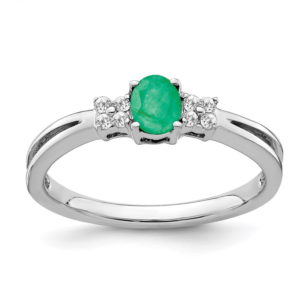 14K Weißgold Ring mit ovalem Smaragd und echten Diamanten