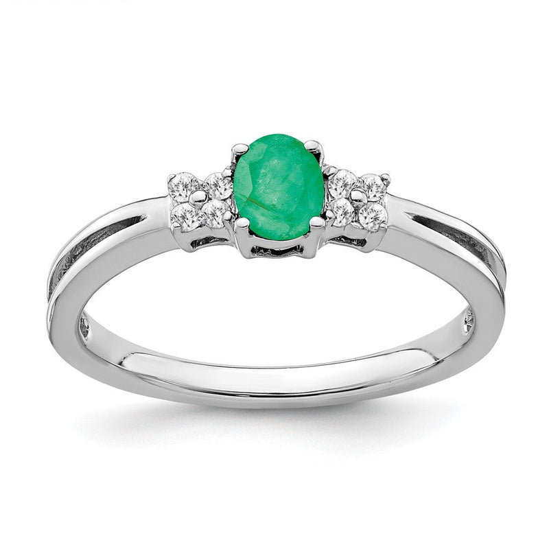 14K Weißgold Ring mit ovalem Smaragd und echten Diamanten