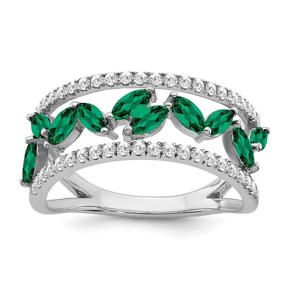 14K Weißgold Ring mit Marquise-Smaragd (synthetisch) und echten Diamanten
