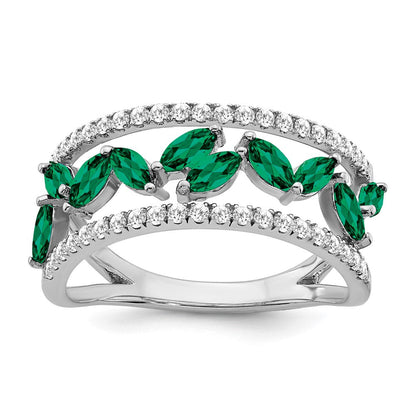 14K Weißgold Ring mit Marquise-Smaragd (synthetisch) und echten Diamanten