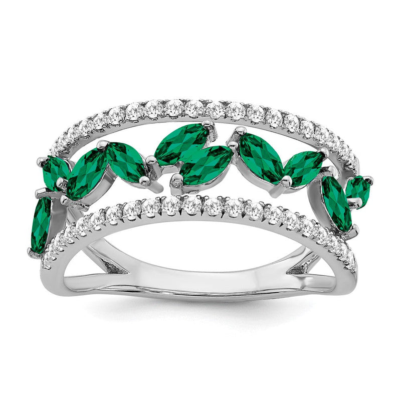 14K Weißgold Ring mit Marquise-Smaragd (synthetisch) und echten Diamanten
