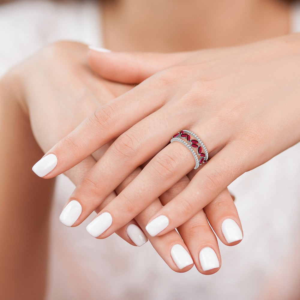 14K Weißgold Ring mit Marquise-Rubin (synthetisch) und echten Diamanten