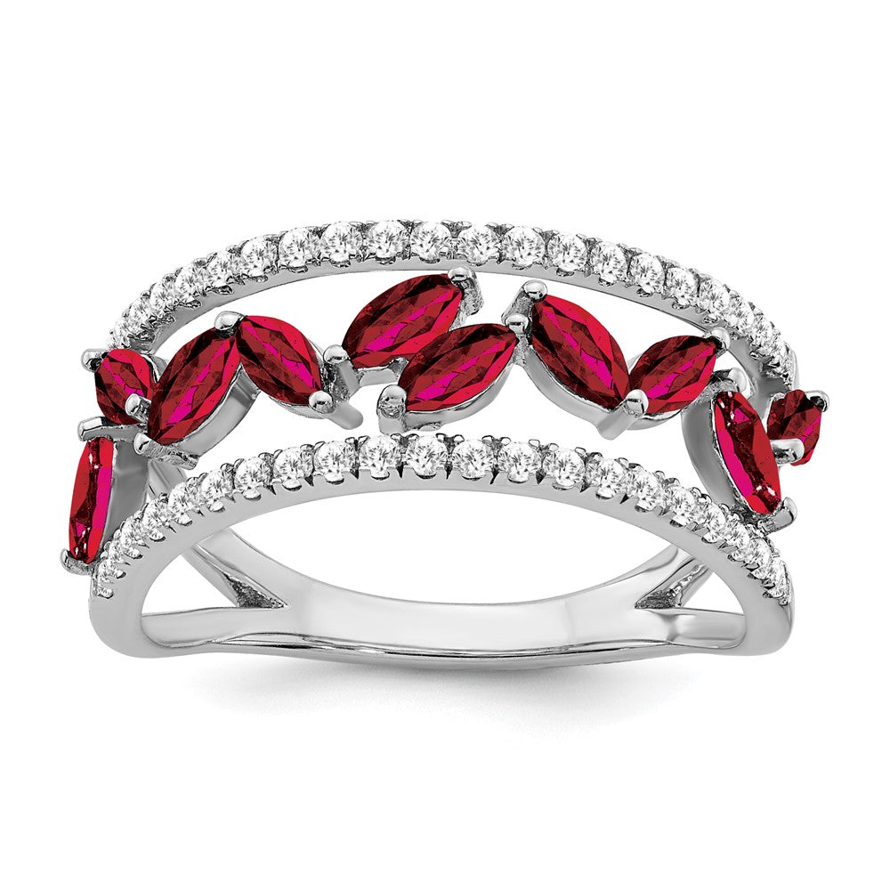 14K Weißgold Ring mit Marquise-Rubin (synthetisch) und echten Diamanten