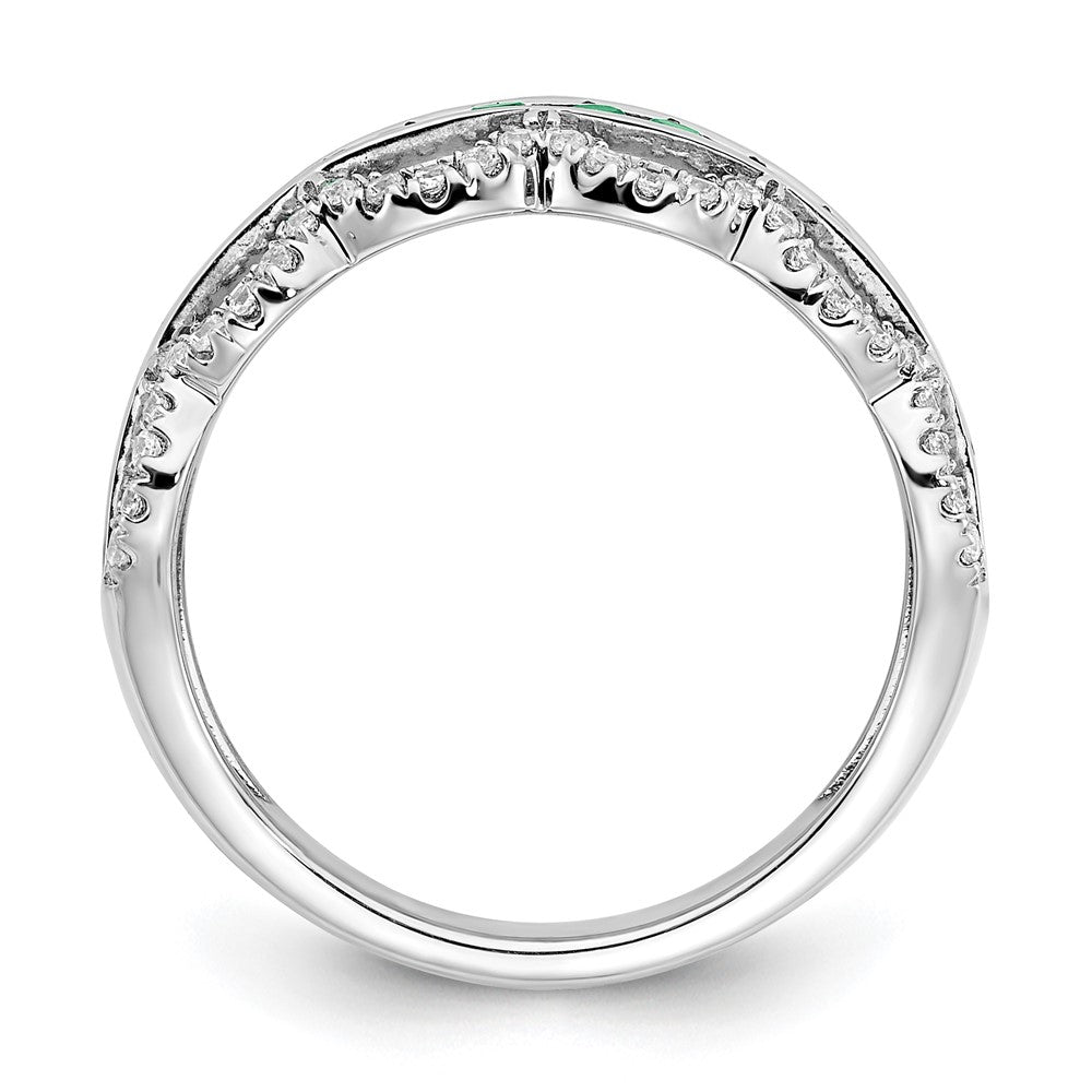 14K Weißgold Ring mit gezüchtetem Smaragd und echten Diamanten, Wellenschliff-Design