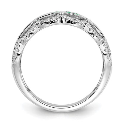 14K Weißgold Ring mit gezüchtetem Smaragd und echten Diamanten, Wellenschliff-Design