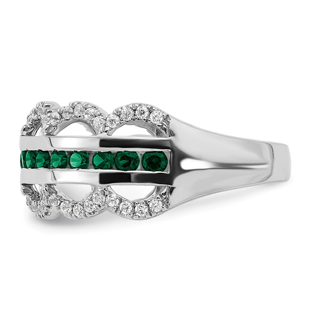 14K Weißgold Ring mit gezüchtetem Smaragd und echten Diamanten, Wellenschliff-Design