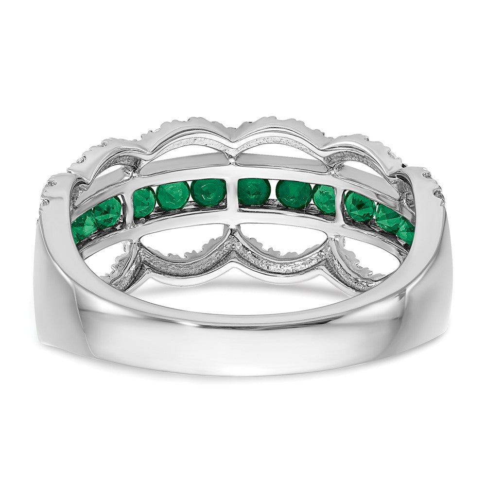 14K Weißgold Ring mit gezüchtetem Smaragd und echten Diamanten, Wellenschliff-Design