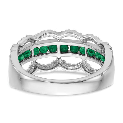 14K Weißgold Ring mit gezüchtetem Smaragd und echten Diamanten, Wellenschliff-Design