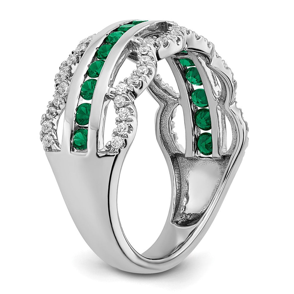 14K Weißgold Ring mit gezüchtetem Smaragd und echten Diamanten, Wellenschliff-Design